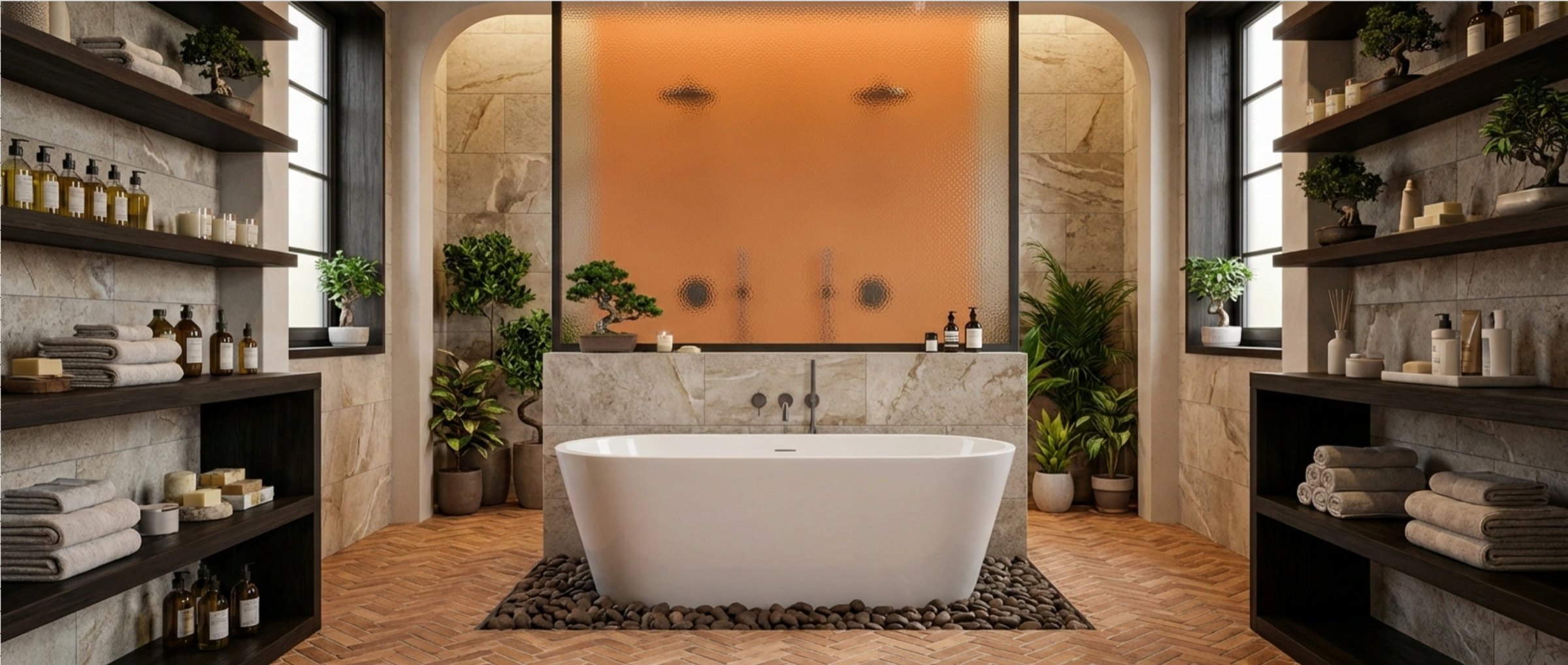 Freestanding tub with a copper glass wall · design option, bathroom renders by QT3D