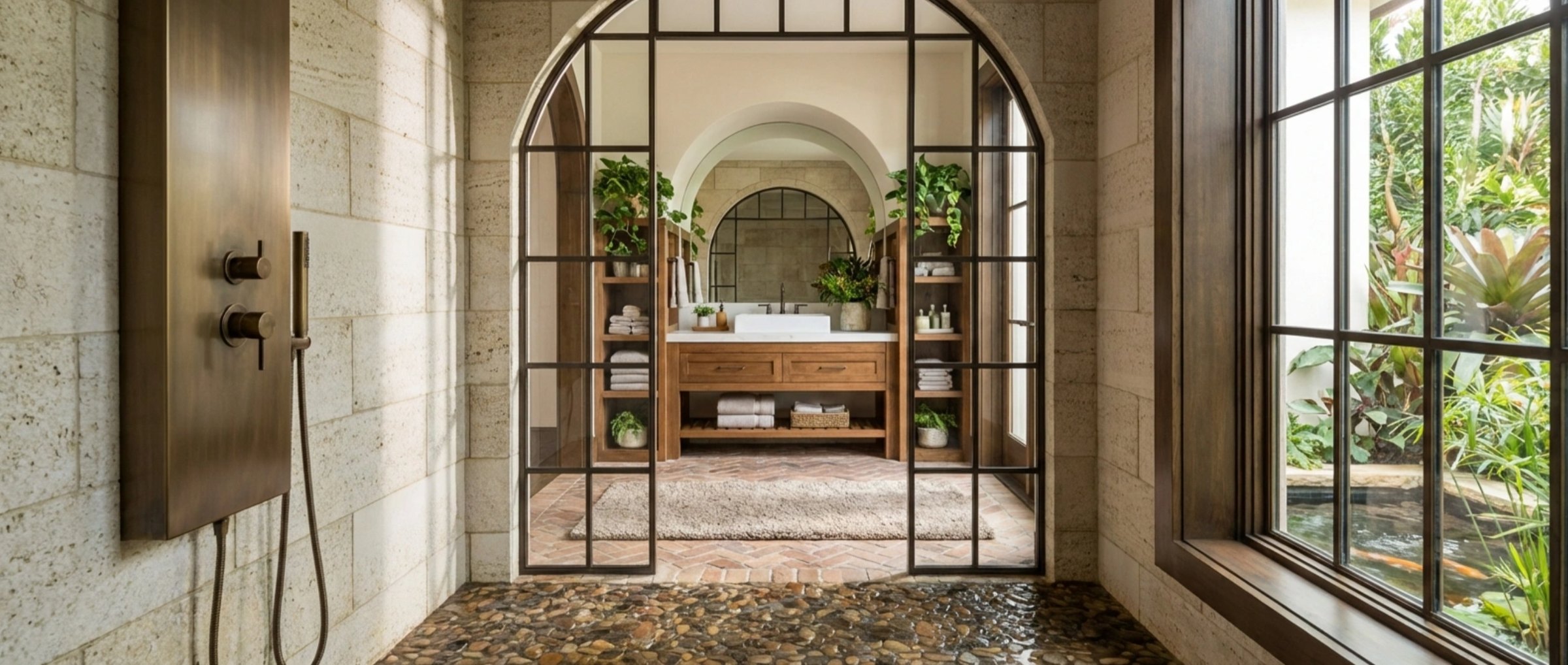Walk in shower with a steel arched door and pebble floor, bathroom renders by QT3D