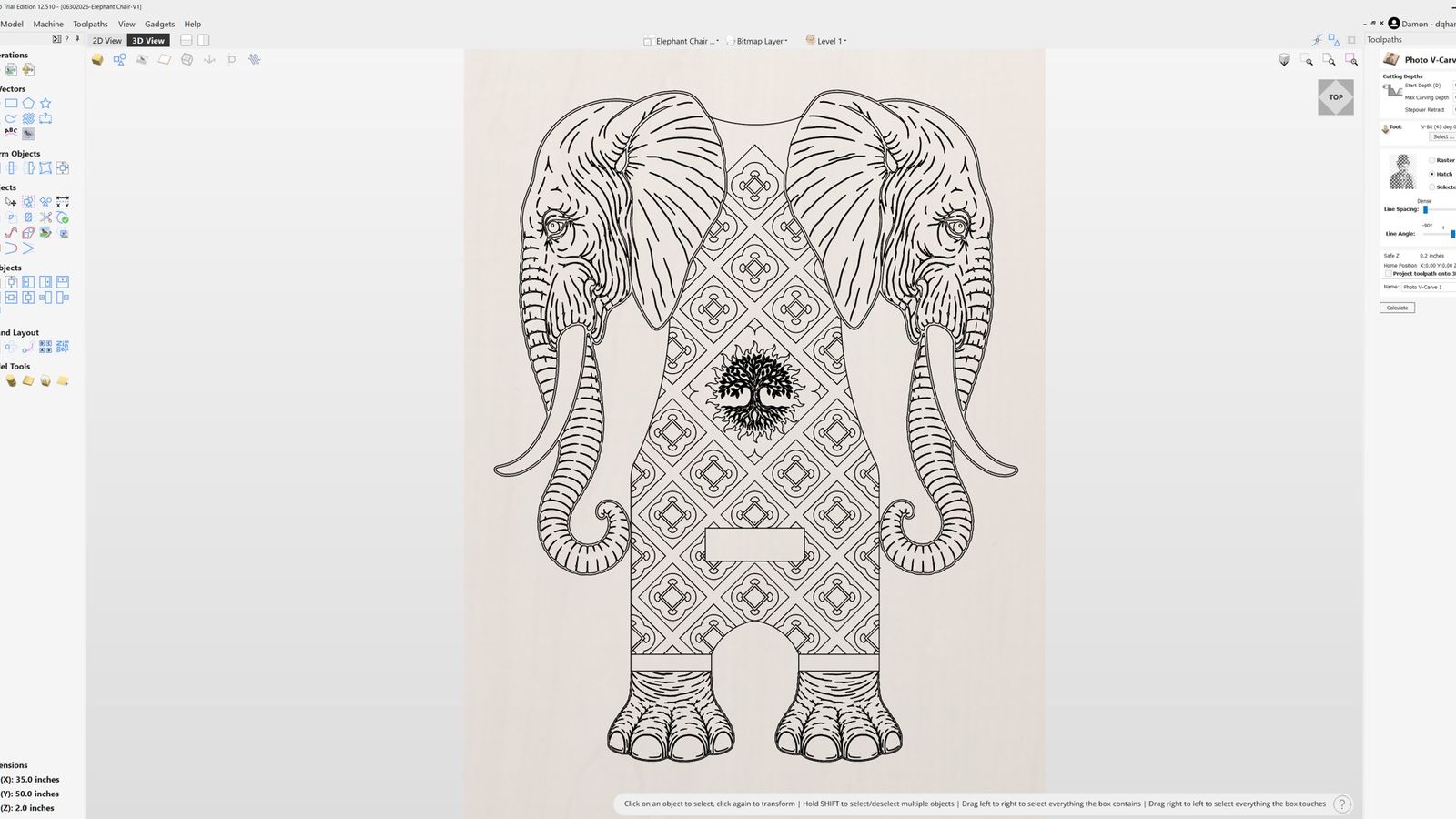 VCarve carving detail drawing of the elephant chair back
