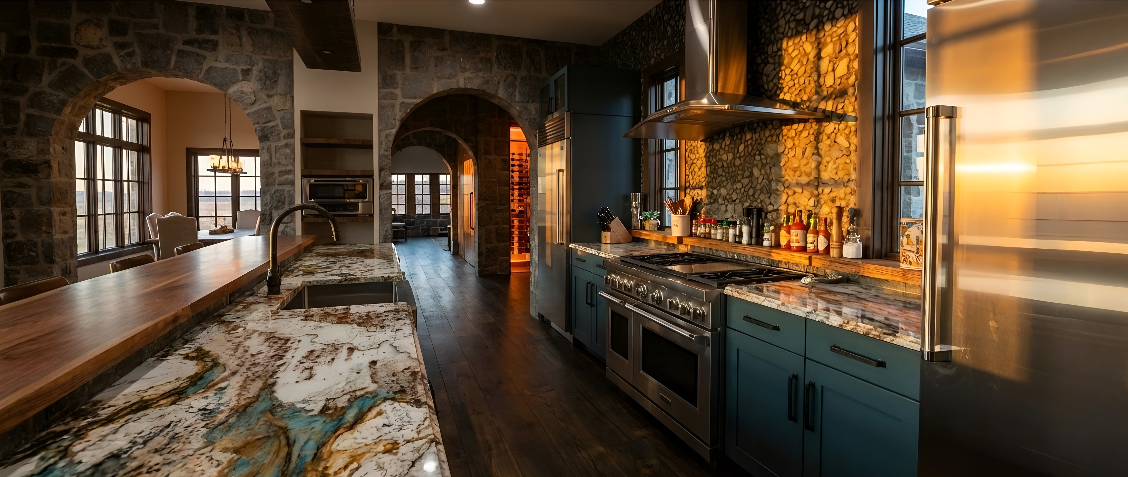Galley kitchen with granite counters, walnut bar top and pro range, kitchen renders by QT3D