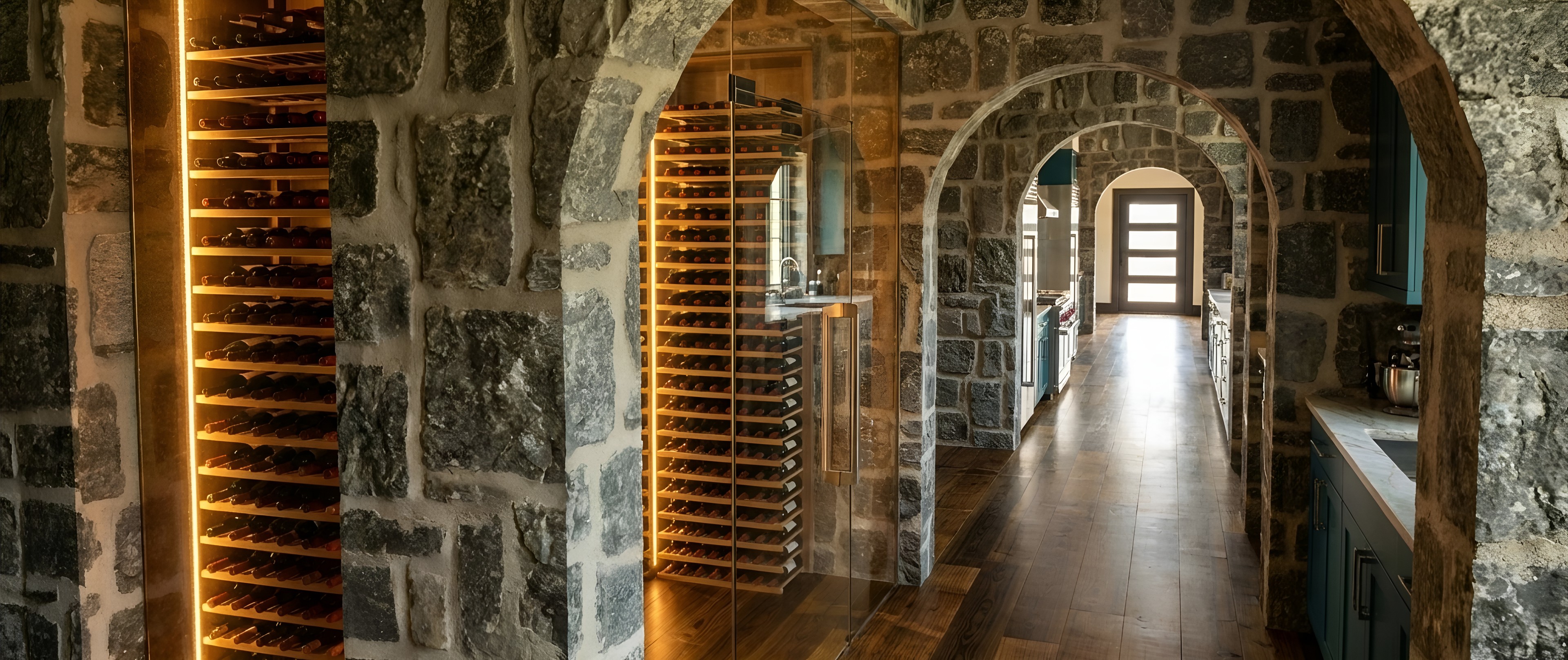 Stone arch hall with a lit wine wall, kitchen renders by QT3D