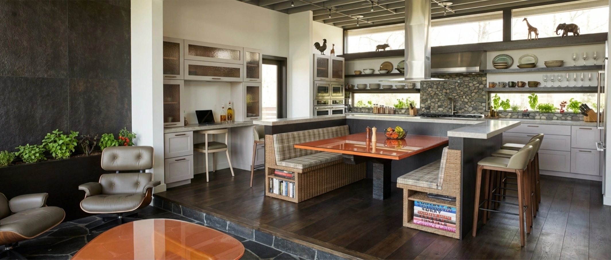 Open kitchen and den with a built in banquette, single family home renders by QT3D