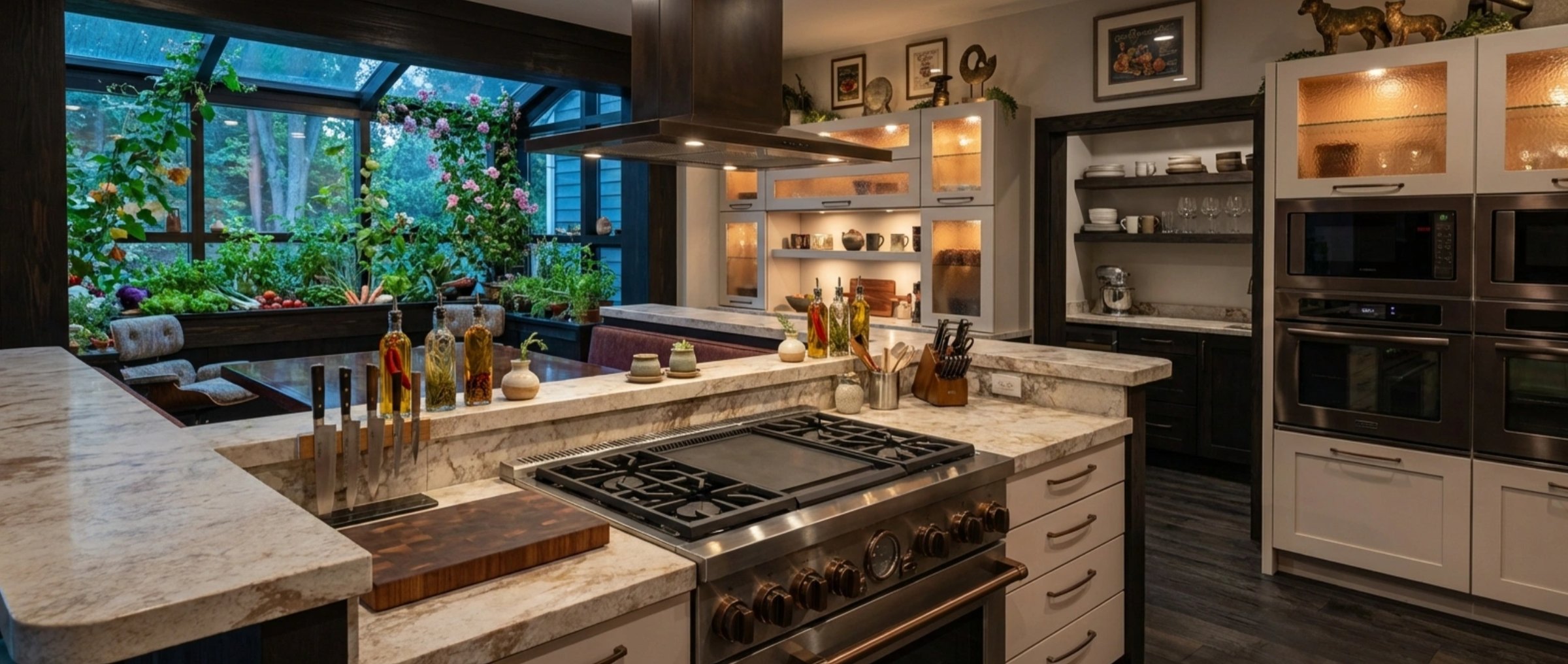 Island kitchen with a greenhouse window · evening, kitchen renders by QT3D
