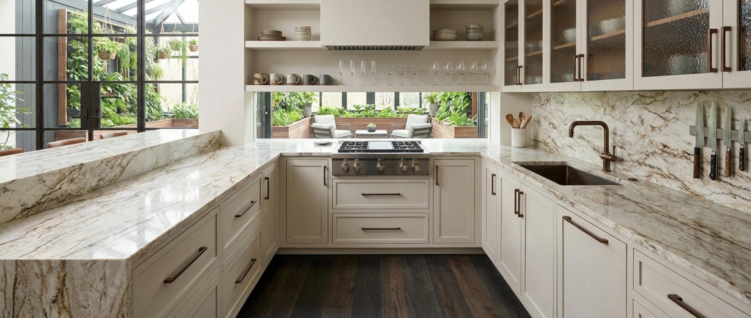 U shaped kitchen with quartzite counters, kitchen renders by QT3D