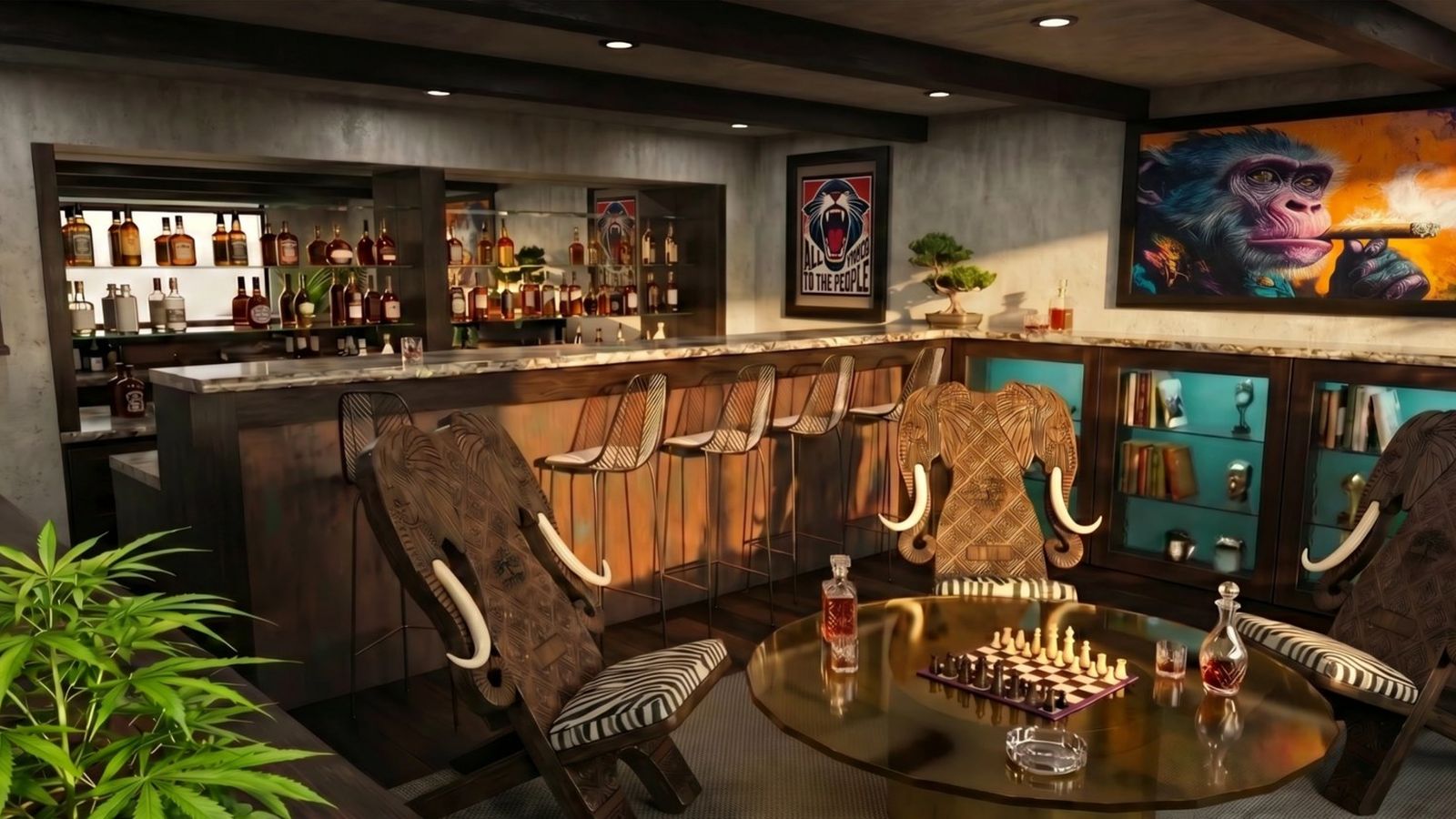 Rendered lounge with two elephant chairs