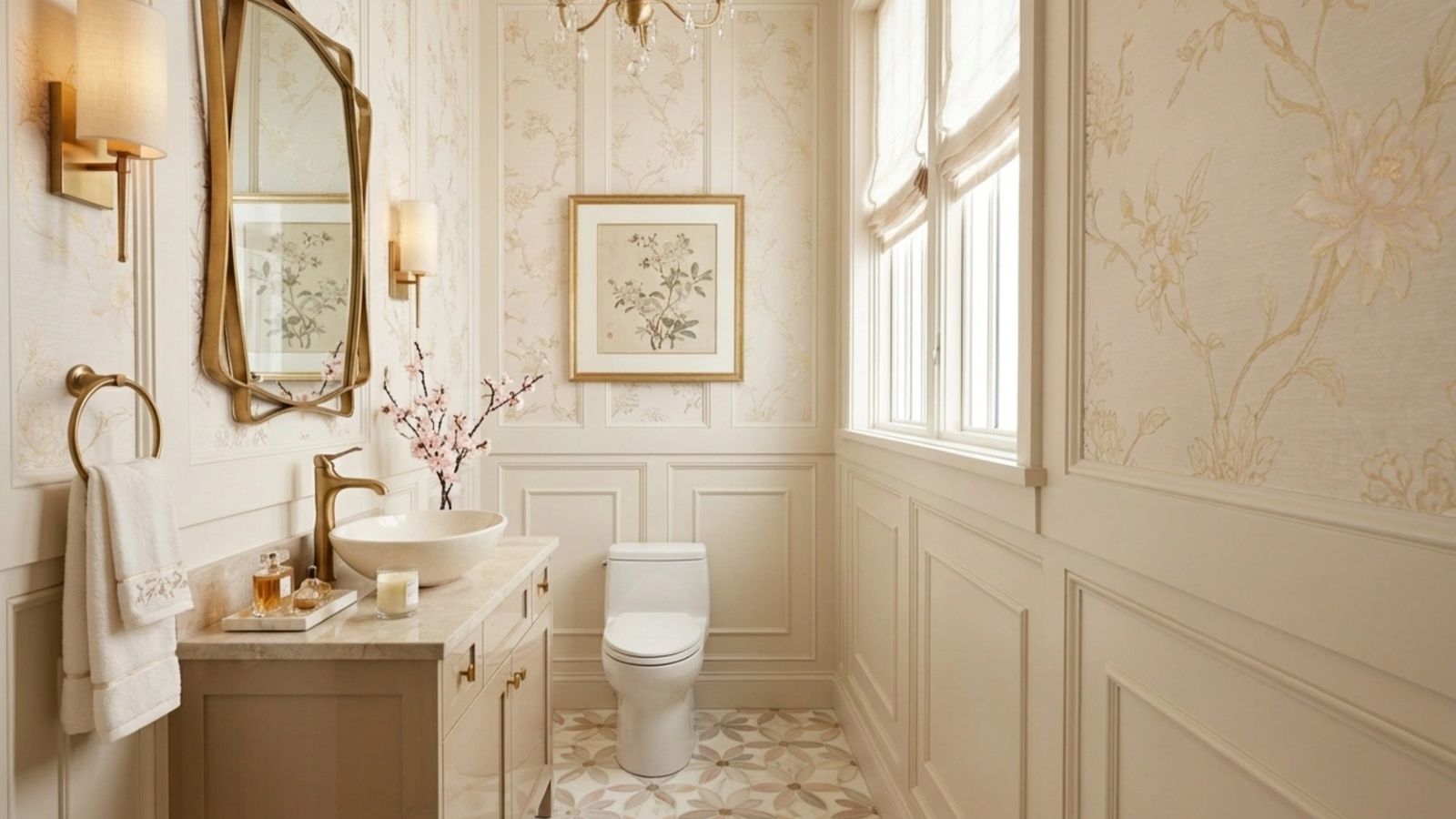 Cream powder room with wainscot and gold fixtures, bathroom renders by QT3D