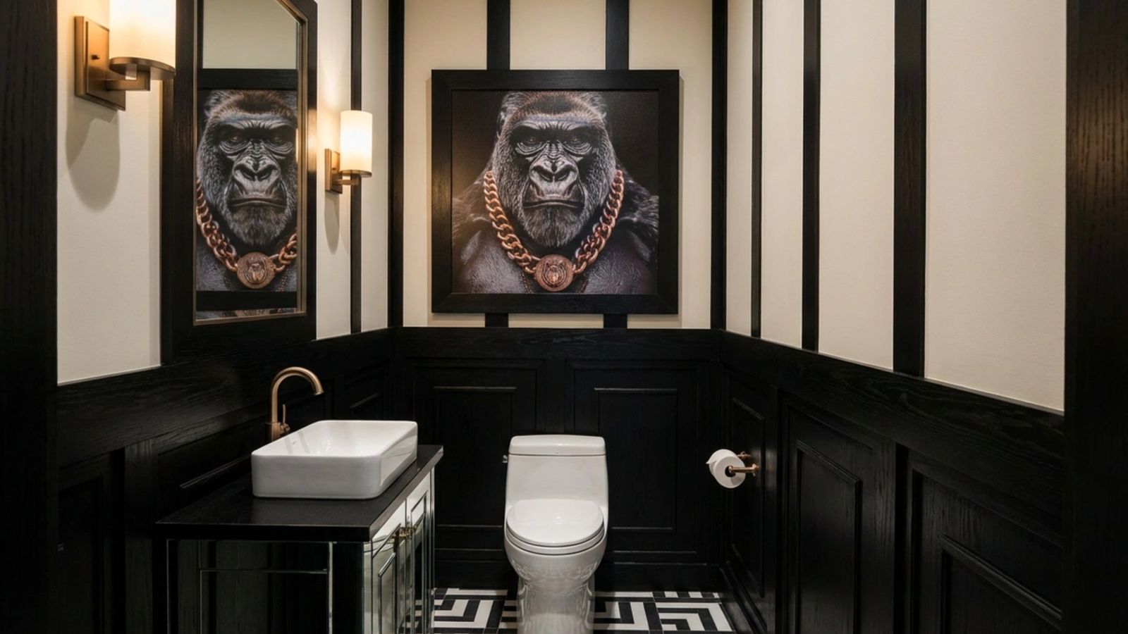 Powder room with black and cream geometric tile, bathroom renders by QT3D