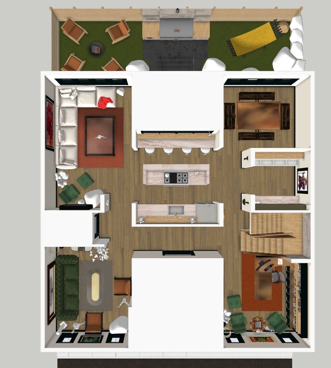 Top down furnished plan, row home renders by QT3D