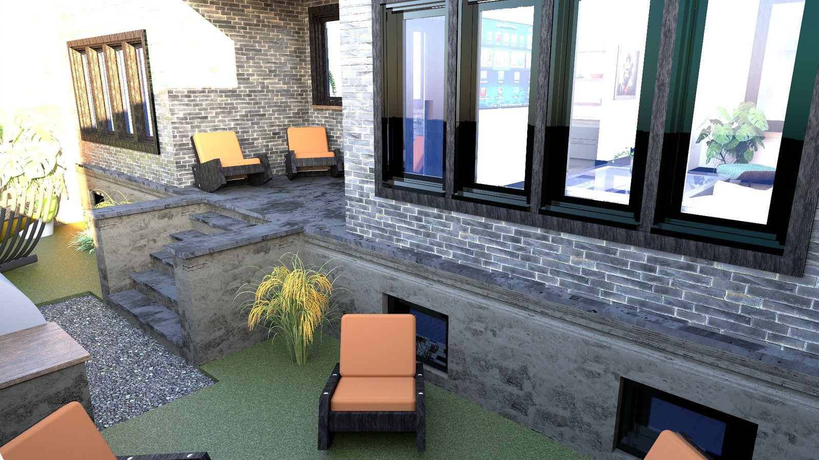 Backyard with sunken patio, row home renders by QT3D