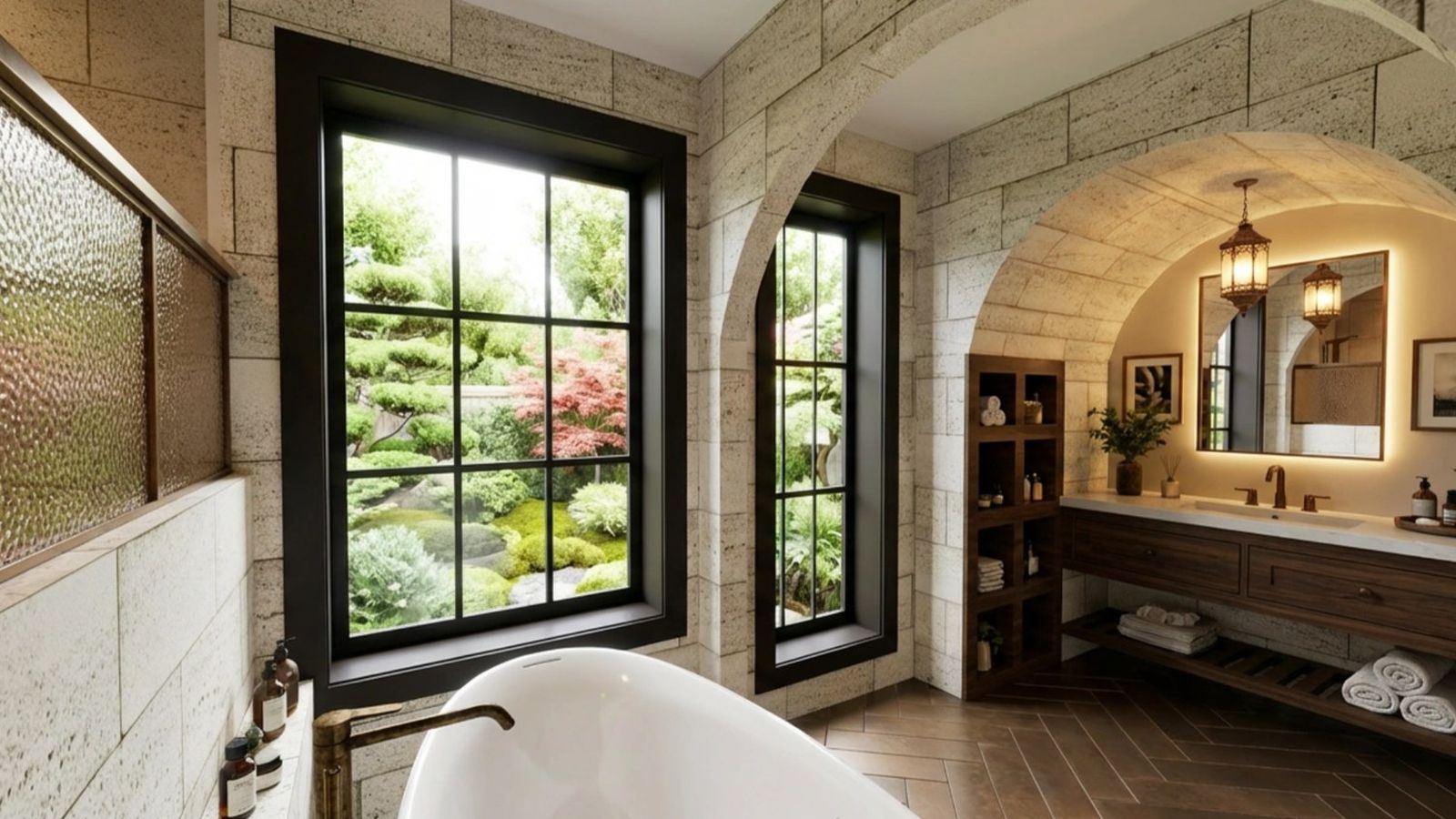 Primary bath with garden windows, bathroom renders by QT3D