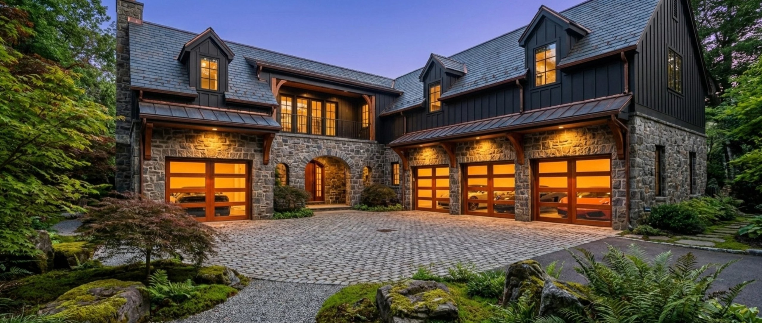 Stone estate motor court at dusk, single family home renders by QT3D