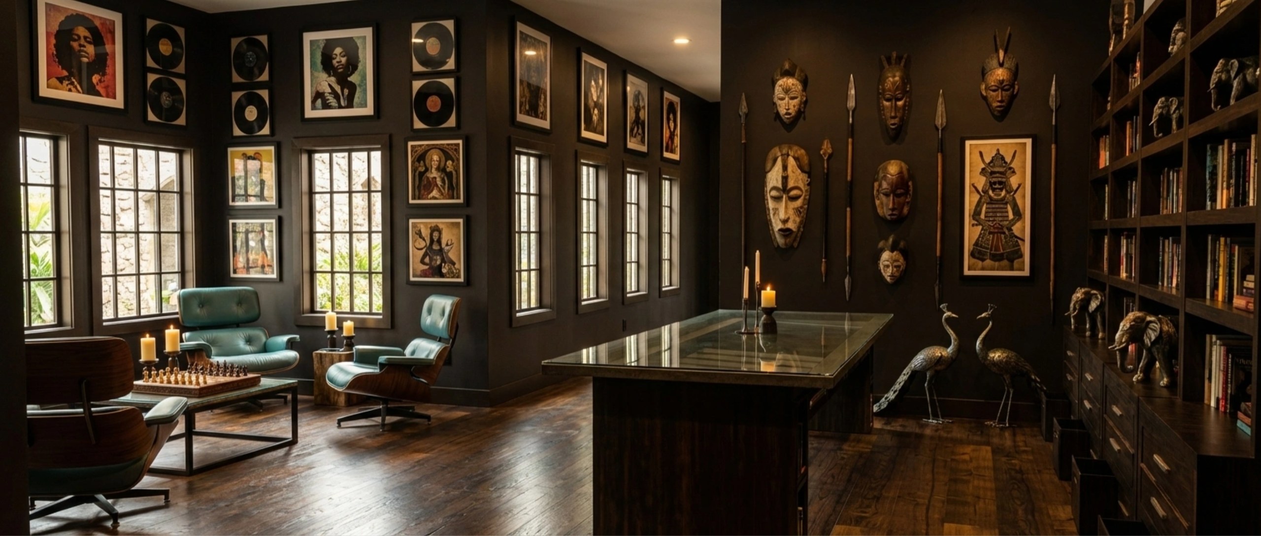 Study render with a wall of framed vinyl records, carved masks and lounge seating