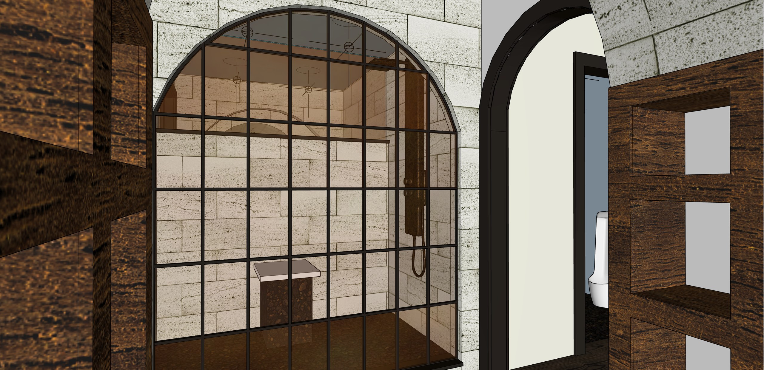SketchUp model · same camera as the shower render, bathroom renders by QT3D