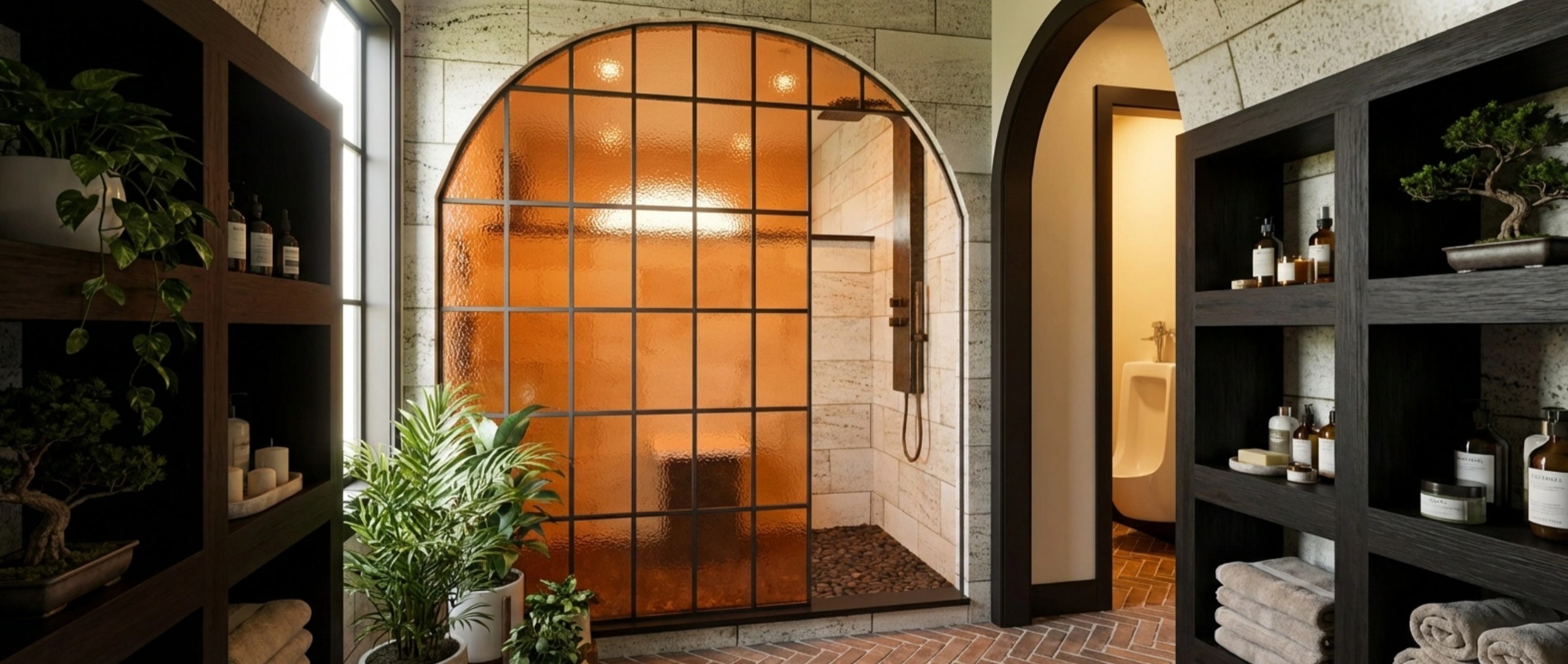 His shower render with an arched copper glass enclosure and travertine walls