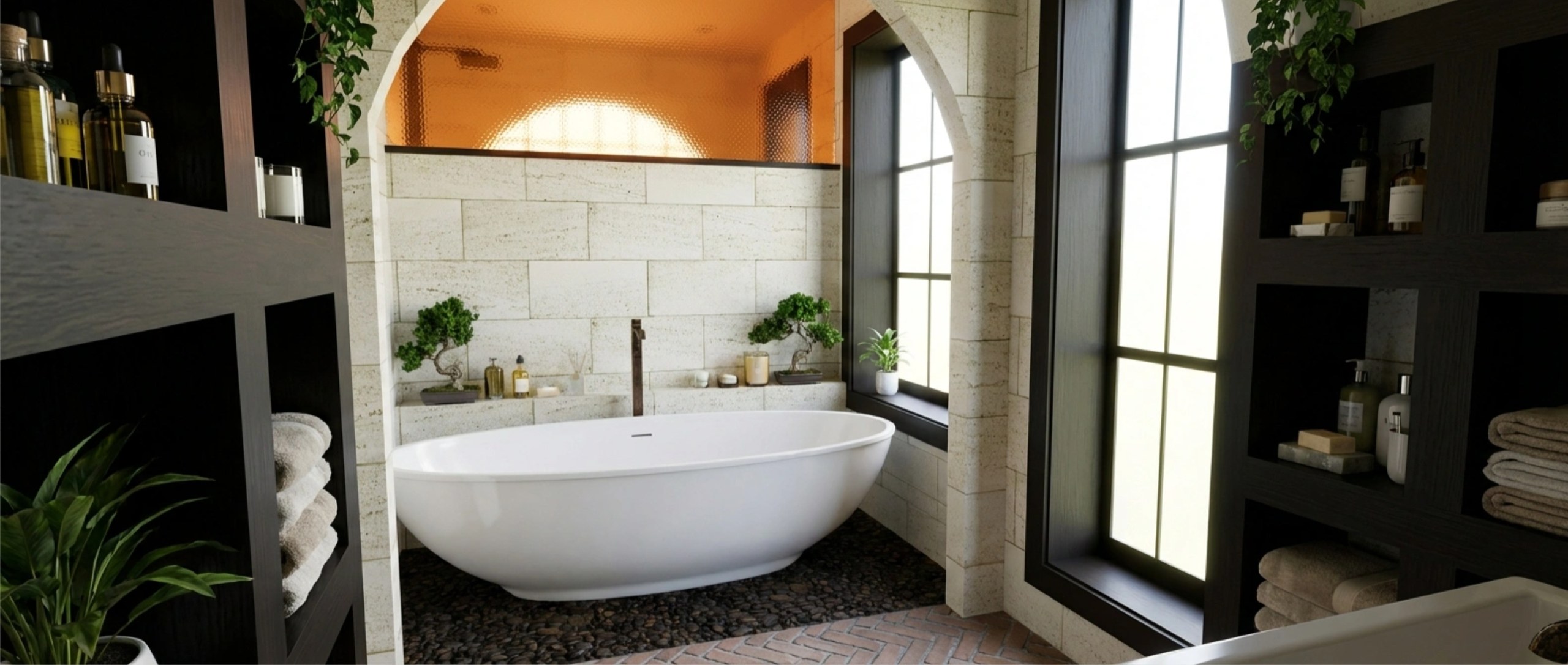 Her bath render with a freestanding tub, travertine and a pebble floor