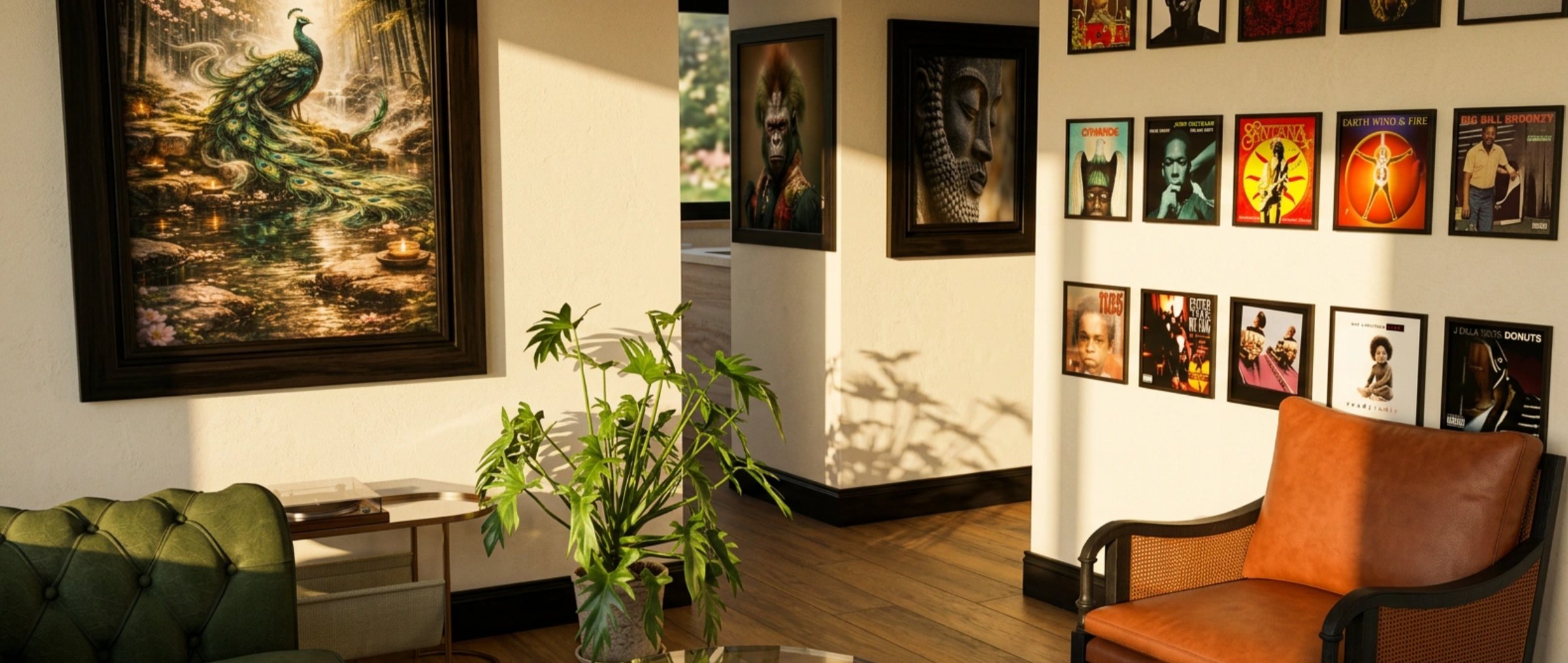 Living room with a framed record wall, single family home renders by QT3D