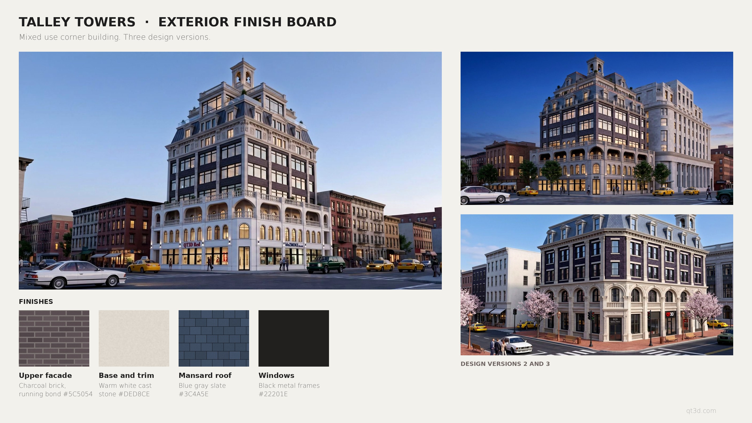Exterior finish board for a mixed use corner building with brick, cast stone and slate samples